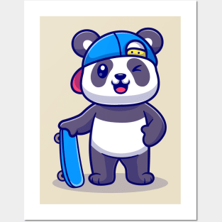 Cute Panda With Skateboard Cartoon Posters and Art